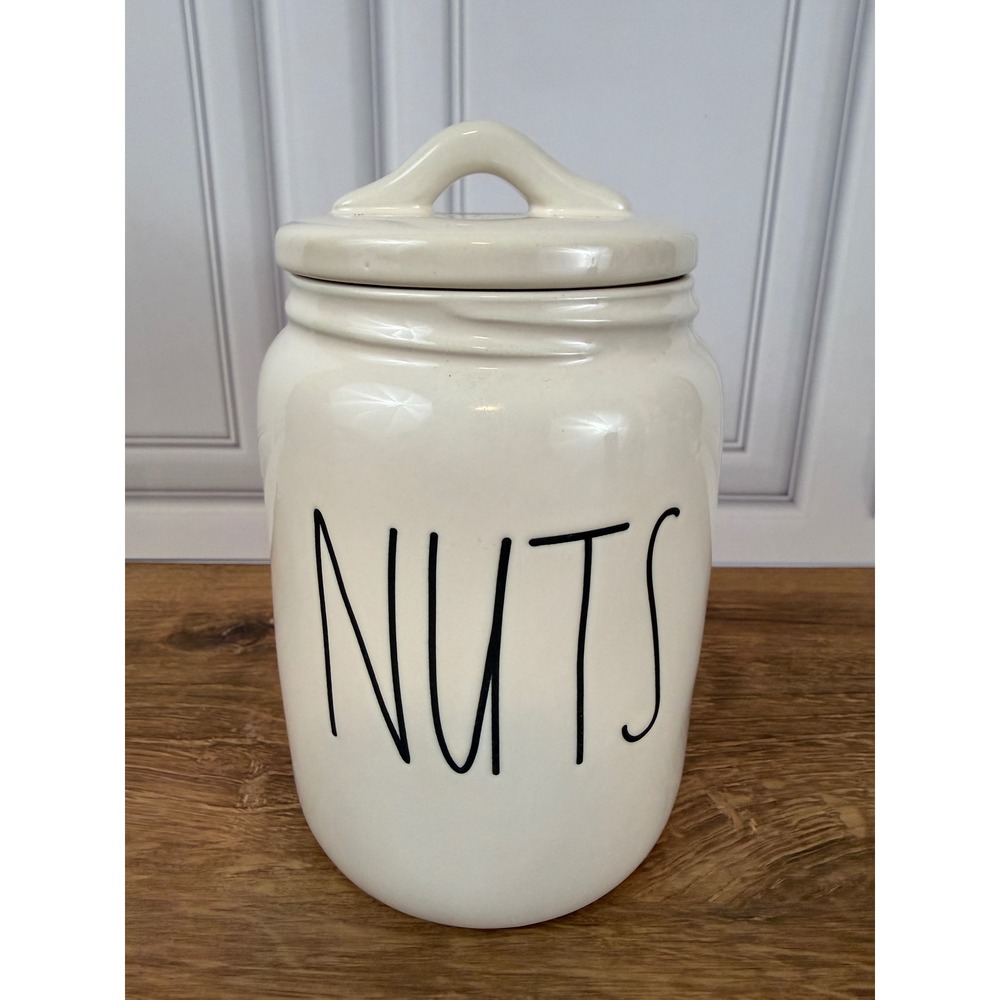 Rae Dunn White NUTS Farmhouse 8" Cannister Large Letters Magenta